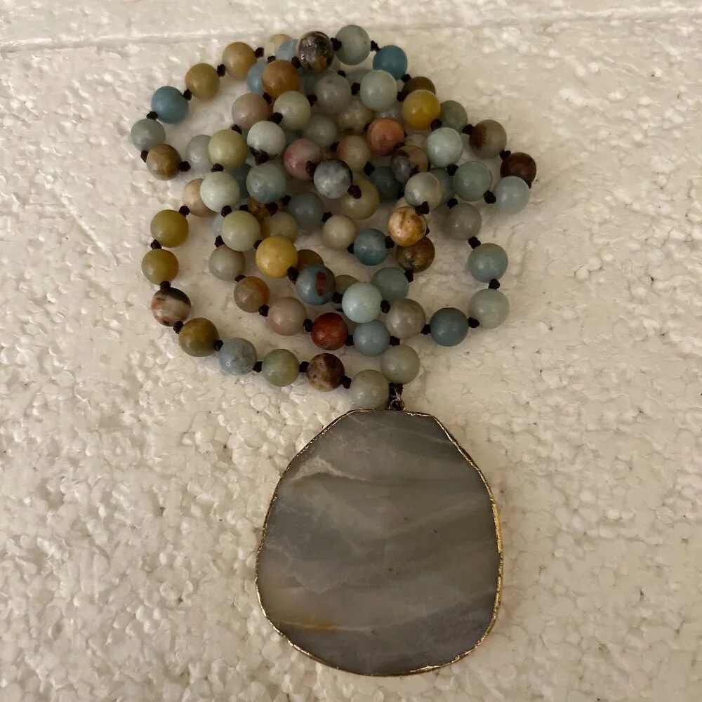 Stone Agate Multi Color Beaded Blue Gray Medallion Necklace Artsy Boho Festival